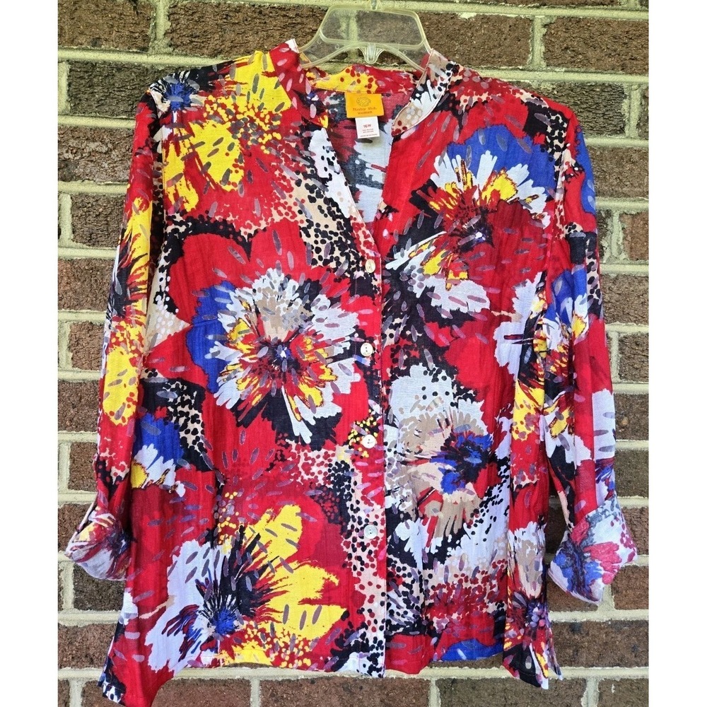 Ruby Road Women's Red Floral Burnout 16w Roll Sleeve Blouse Resortcore Cruise